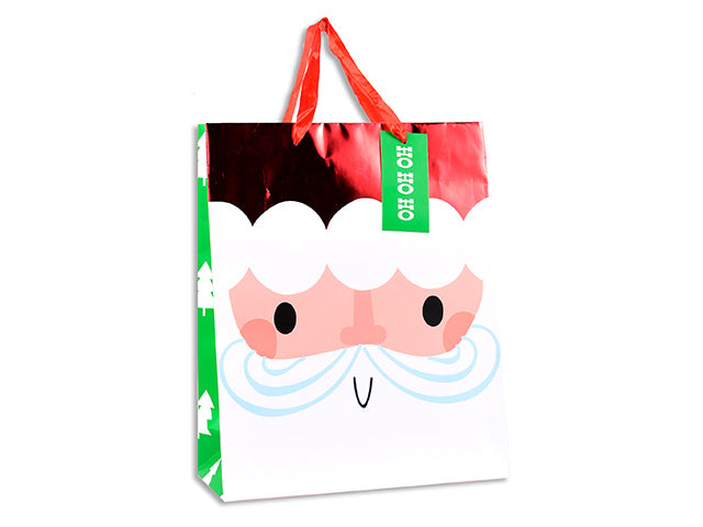 Carton of 24 Xmas Matte w/Foil Hot Stamp Santa Face Gift Bag - Large. Satin Handle w/Tag. J-Hook.