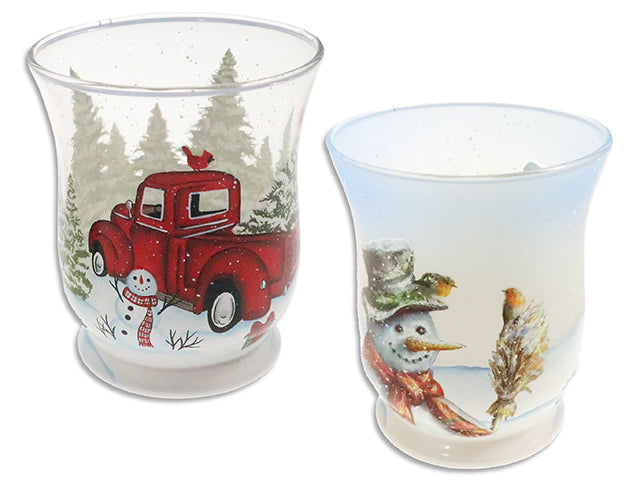 Carton of 12 4.21in(H) x 3.54in(TD) Vintage Snowman Clear Candle Glass Holder. 2 Asst.