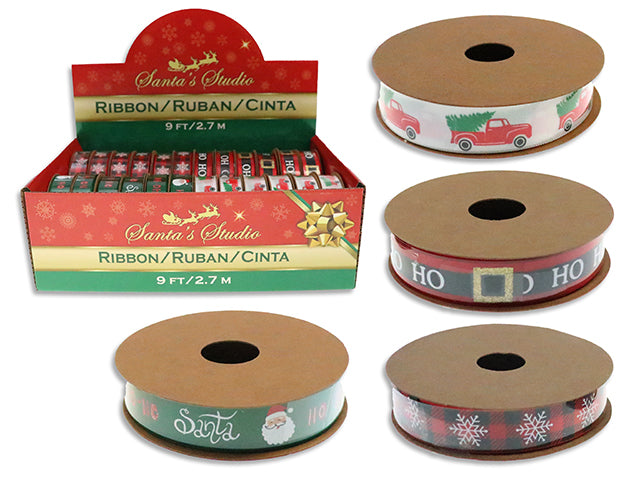 Carton of 24 3yd x 16mm Xmas Characters Glitter/Printed Ribbon in Dsp. 4 Asst.Styles/Dsp. 24/Dsp. LBL.