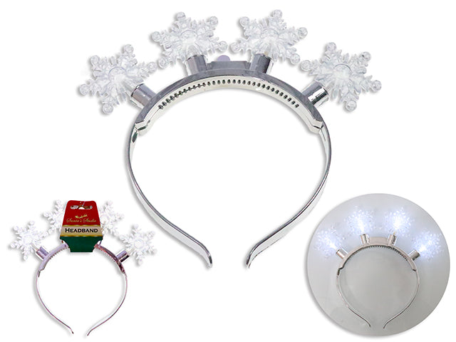 Carton of 12 8.3in B/O 4-LED Snowflake Headband. 3 Functions. h/c.