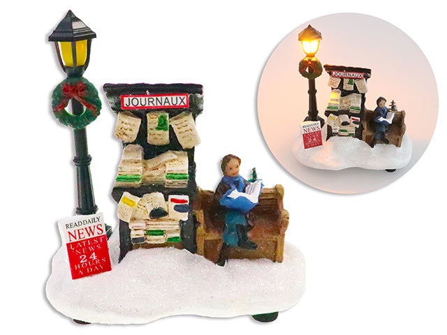 Carton of 12 4.52in x 4.13in Xmas B/O 1-LED Glitter Polyresin Bookstore Kiosk Scene w/Tree+Lamp.White Box w/LBL.