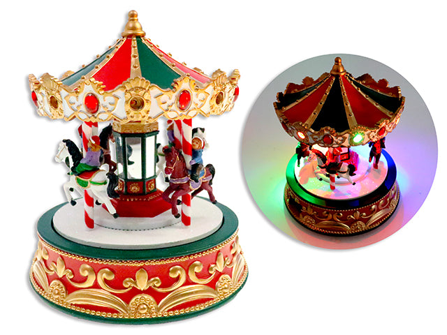 Carton of 6 7.44in x 8.74in B/O LED Xmas Polyresin Glitter Carousel. White Box w/LBL.