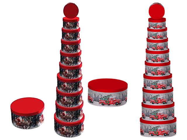 Carton of 4 Set/10 Xmas Printed Round Gift Box. 10 Asst.Sizes. 2 Asst.Styles.