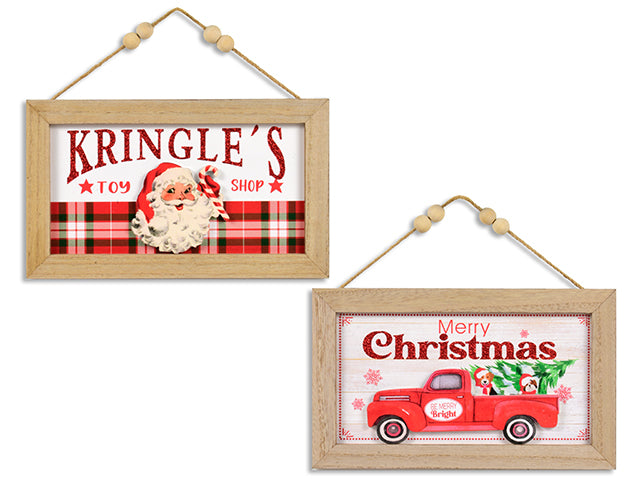 Carton of 12 10 x6in Xmas Wooden Tip-On Glitter Hanging Vintage Frame w/ Beaded Hanger. 2 Asst.: Santa/Truck. Cht.