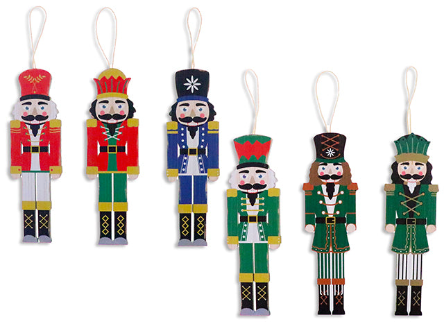 Carton of 24 8in x 2-3/8in Xmas MDF Printed Nutcracker Hanging Decor w/Jute Hanger. 6 Asst.Styles. LBL.