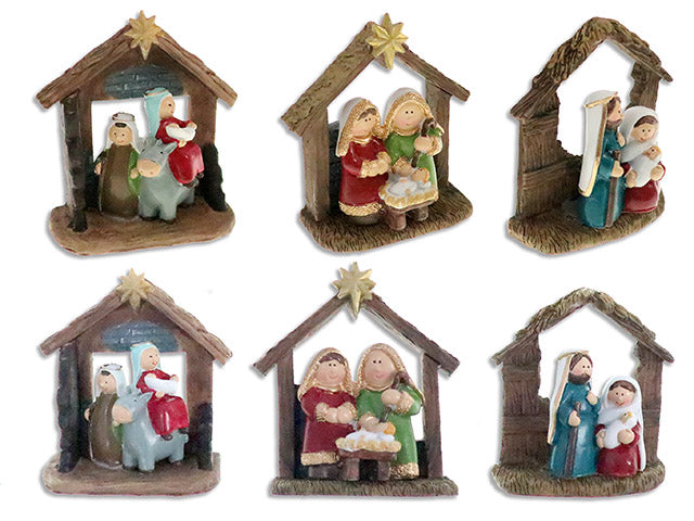 Carton of 24 3-3/8in x 3-3/4in Xmas Wooden Polyresin Nativity Scene. 3 Asst.