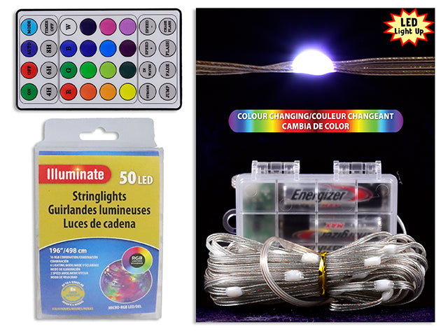 Carton of 12 50pk 196in B/O Micro-RGB LED Xmas Stringlights w/Remote + Timer. PET Box w/Insert.