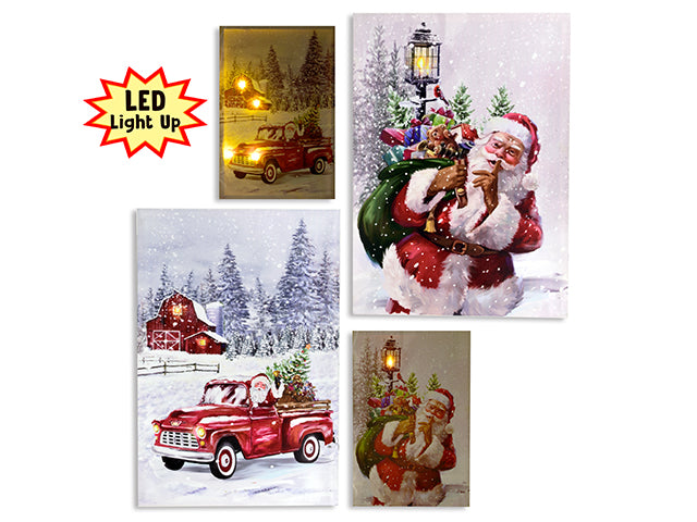 Carton of 12 15-3/4in x 23-5/8in Xmas B/O LED Santa Scene Canvas Hanging Wall Art. 2 Asst.