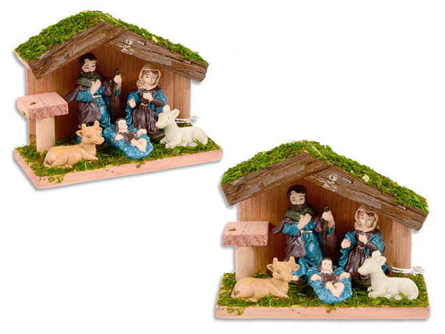 Carton of 12 Set/5 Xmas Wooden Polyresin Character Nativity Scene. 4-3/4in(L) x 3-7/8in(H) x 1-7/8in(W).