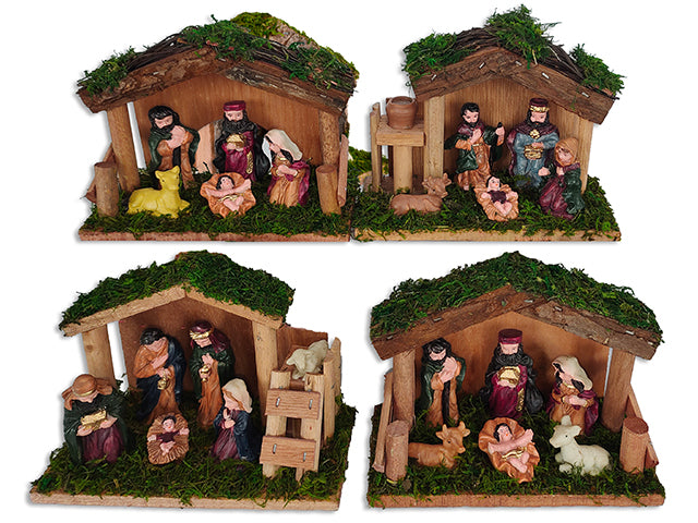 Carton of 12 Xmas Wooden Polyresin Character Nativity Scene. 4 Asst: 5pcs/6pcs. 5-7/8(L)x4-3/8in(H)x2.5in(D).