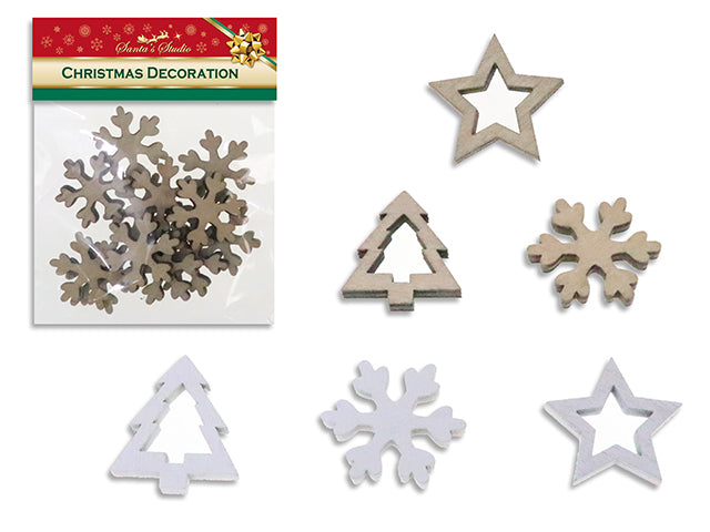 Carton of 24 12pk Xmas Wooden Die-Cut Tree / Star / Snowflake Assortment .2 Asst.Colours. Pbh.