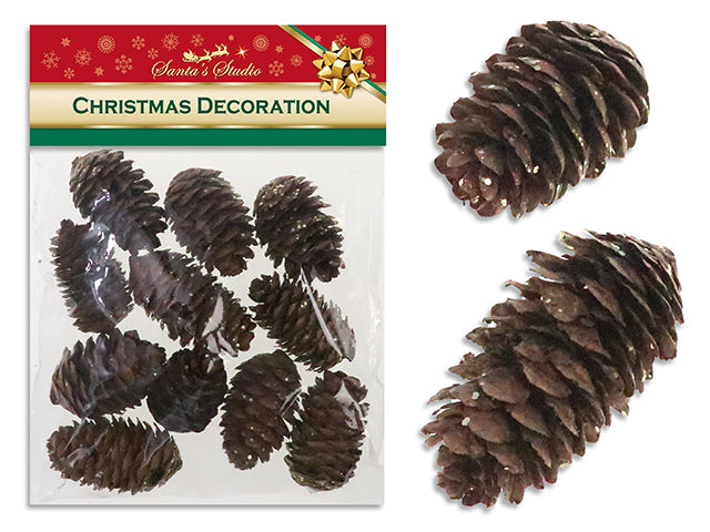 Carton of 24 11pk 1.77in x 0.8in Xmas Glitter Natural Pine Cone. 2 Asst. Silver/Gold. Pbh.