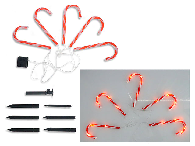 Carton of 6 5pk 11.35ft 25LED Xmas Solar Candy Cane Outdoor Stringlights Stake. Warm White. Pbh.