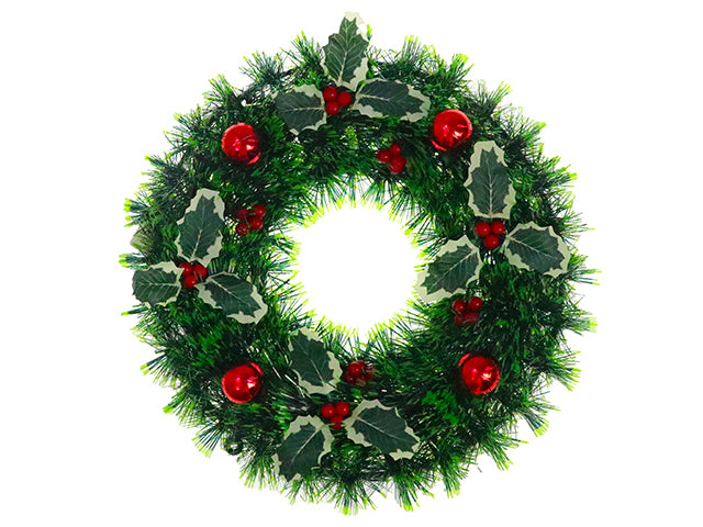 Carton of 12 16in Xmas Pine Holly Berries Tinsel Wreath. Cht.