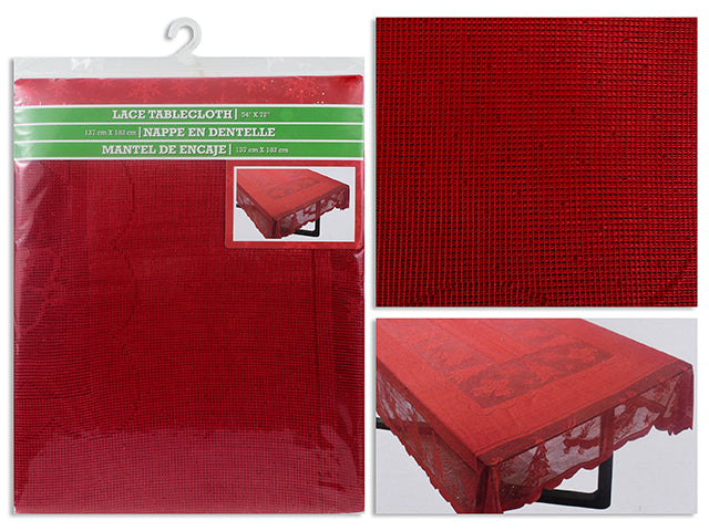 Carton of 24 54in x 72in Xmas Lace Tablecloth. Polybag w/Hanger. Fold Over Card..