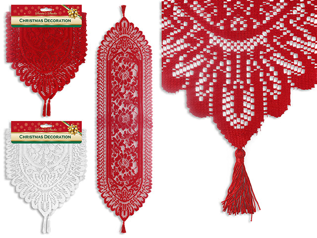 Carton of 12 47.25in x 63in Xmas Crochet Lace Table Runner w/Tassels. 2 Asst. Colours: Red / White. h/c.