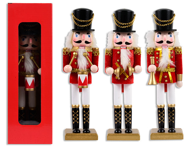 Carton of 6 12in Xmas Wooden Nutcracker w/ Velvet Jacket. 3 Asst. Instruments. Wondow Box w/ UPC.