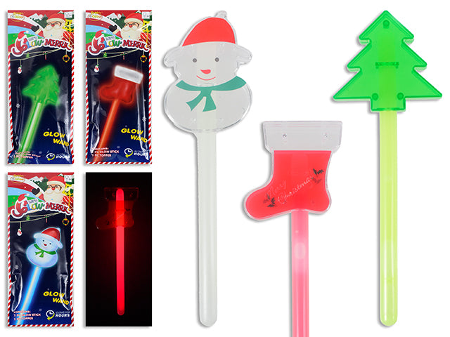 Carton of 24 9in Xmas Glow Wand w/ Topper. Incl: 1-Topper / 1-8in GlowStick / 1-Connector. 3 Asst. Colour Box.