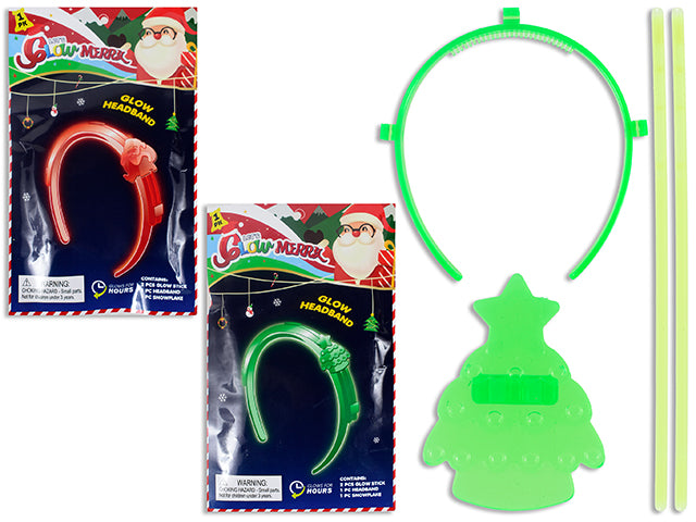 Carton of 24 Xmas Glow Headband. Incl: 2-8in Glow Sticks / 1-Pendant / Headband. 2 Asst. Peggable Colour Box.