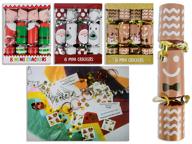 Carton of 24 8ct 6in Xmas Mini Crackers. Cracker Contains: Stickers. 3 Asst. Colour Window Box.