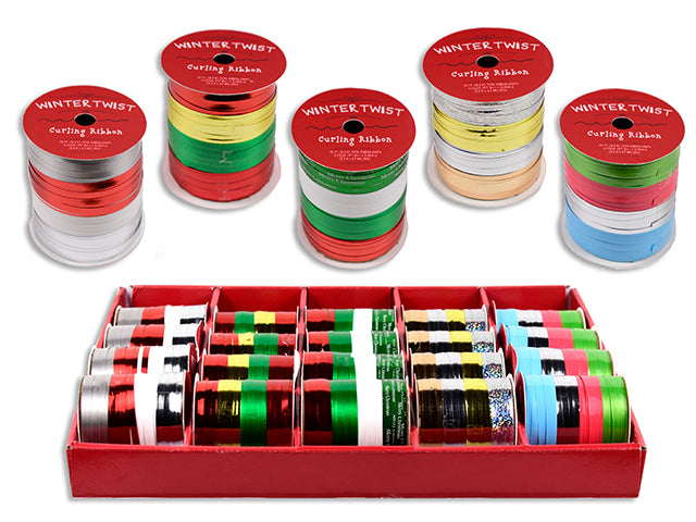 Carton of 25 70ft x 5mm Xmas Solid 4 End Ribbon in Dsp. 5 Asst. 25/Dsp. LBL.