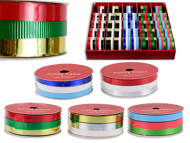 Carton of 50 72ft x 10mm Xmas Solid 3 End Ribbon in Dsp. 5 Asst. 50/Dsp. LBL.