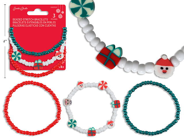 Carton of 24 3pk Xmas Beaded Stretch Bracelets. Incl: 2pcs Solid Col+ 1 pc w/Clay Icon. Polybag w/Col.Insert.