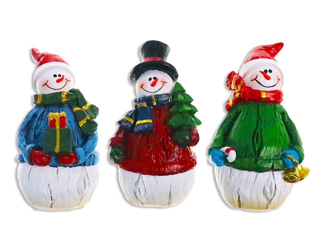 Carton of 24 4.5in Xmas Polyresin Vintage Sweater Snowman. 3 Asst.Styles. 24pcs/Eggcrate Tray.