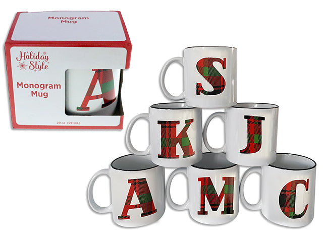 Carton of 24 591ml (20oz) Xmas Buffalo Plaid Monogram Mug. 6 Asst. Window Box.