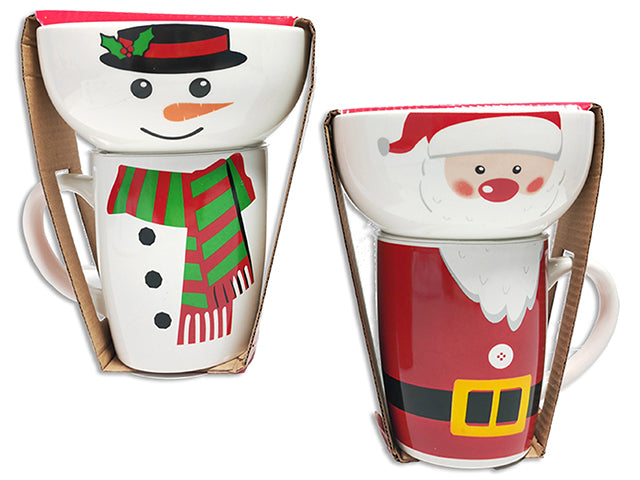 Carton of 12 Set/2 Xmas Stoneware Mug and Bowl Set . Incl: 5.5in Bowl + 414ml (14oz) Mug. 2 Asst. Wrap Card