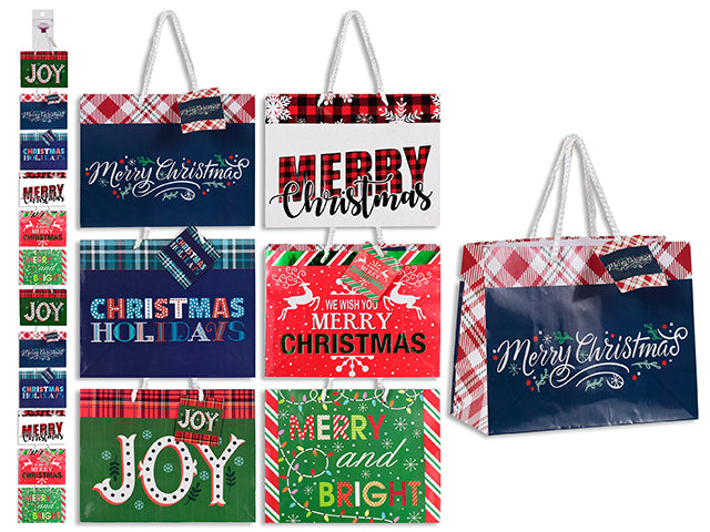 Carton of 24 2pk Xmas Horizontal Gift Bag - Med. Incl: 1pc CMYK + 1pc Glitter/Foil. PP Handle. 12/Clip Strip. h/c.