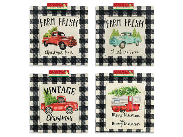 Carton of 12 17.75in Xmas Printed Truck Buffalo Plaid Border Jute Cushion Cover. No Stuffing Incl. 4 Asst. h/c.