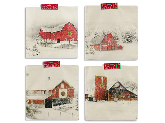 Carton of 12 17.75in Xmas Printed Vintage Country Barn Jute Cushion Cover. No Stuffing Incl. 4 Asst. h/c.