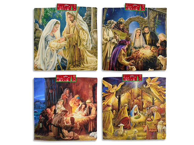 Carton of 12 17.75in Xmas Printed Nativity Scene Jute Cushion Cover. No Stuffing Incl. 4 Asst. h/c.