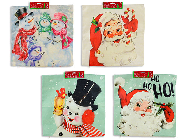 Carton of 12 17.75in Xmas Printed Vintage Santa/Snowman Jute Cushion Cover. No Stuffing Incl. 4 Asst. h/c.