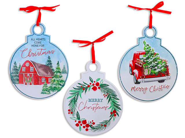 Carton of 12 7.87in Xmas Metal Embossed Ornament Plaque w/ Satin Hanger. 3 Asst. Cht.