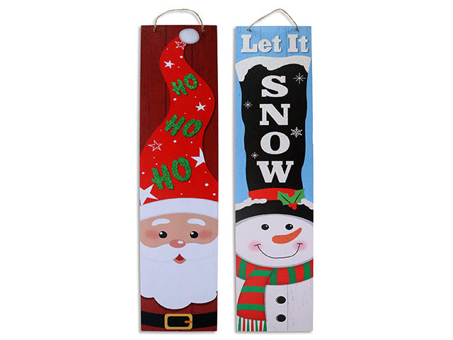 Carton of 24 5.9in x 23.6in Xmas MDF Long Plank Board Plaque. 2 Asst: Santa/Snowman. Cht.