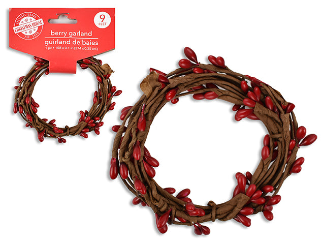 Carton of 24 9ft Xmas Berries Garland. 0.1in Berries. Wrap Header.