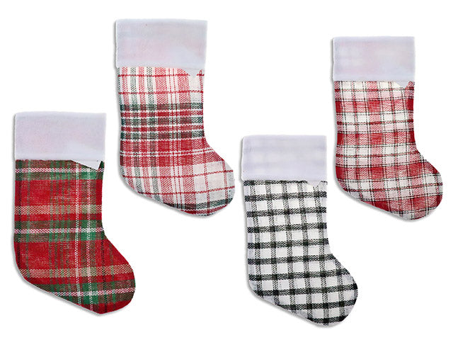 Carton of 12 18.5in Xmas Plaid Burlap Stocking w/4in Plush Fold Over Cuff. 7.5in(W). 4 Asst. J-Hook w/Cht.