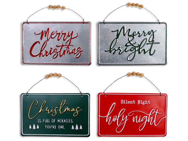 Carton of 12 9.4in x 6in Xmas Galvanized / Solid Metal Embossed Hanging Plaque w/Beaded Wire Hanger. 4 Asst. Cht.