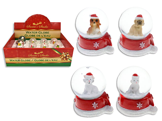 Carton of 24 2.3in(H) Xmas Puppy / Kitty Water Globe w/Resin Santa Hat Base. 45mm Globe. 4 Asst. 12/Dsp.