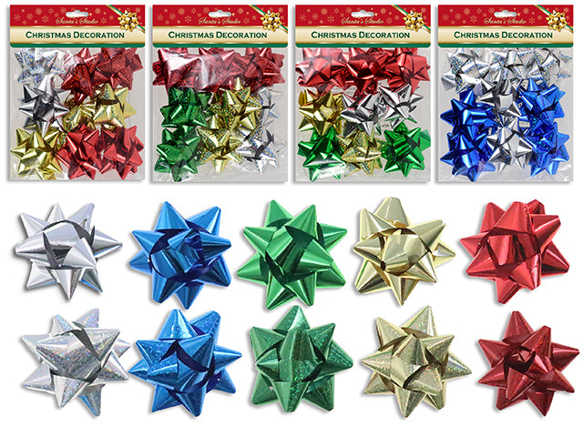 Carton of 24 9pk 3in x 11-Loop Xmas Star Gift Bow. 18mm(W) Ribbon. 4 Asst.