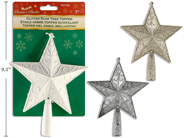 Carton of 24 7in x 5-7/8in Xmas Full Glitter Embossed Star Tree Topper. 3 Cols:White / Gold / Silver. T.o.c.