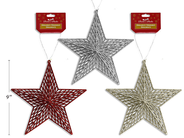 Carton of 24 9in (D) x 2.75in (Depth) Xmas Glitter Die-Cut 3-D Star Ornament. 3 Asst. Colours. h/c.