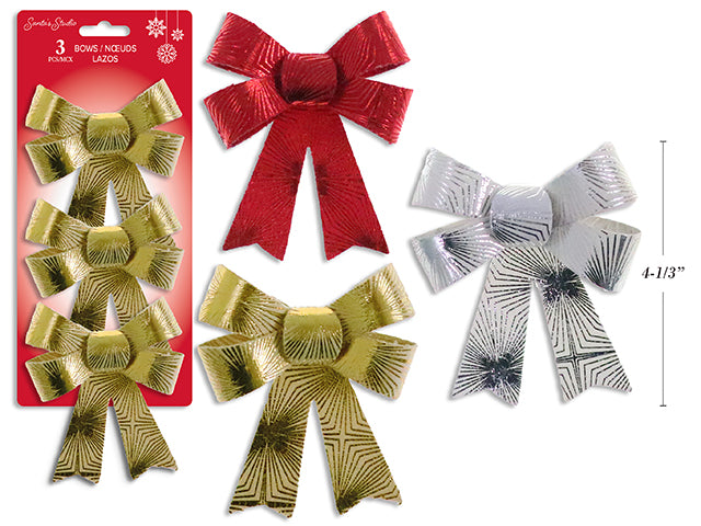 Carton of 24 3pk 5-3/8in x 4in Xmas Shiny Jacquard PVC Bow. 3 Asst.: Gold / Red / Silver. T.o.c.