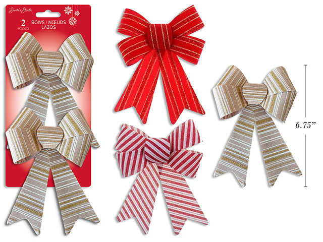 Carton of 24 2pk 7.75in x 5.5in Xmas Stripped PVC Bow w/ Glitter. 3 Asst.: Gold / Red / Candy Cane. T.o.c.