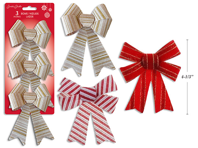 Carton of 24 3pk 5-3/8in x 4in Xmas Stripped PVC Bow w/Glitter. 3 Asst.: Gold / Red / Candy Cane. T.o.c.