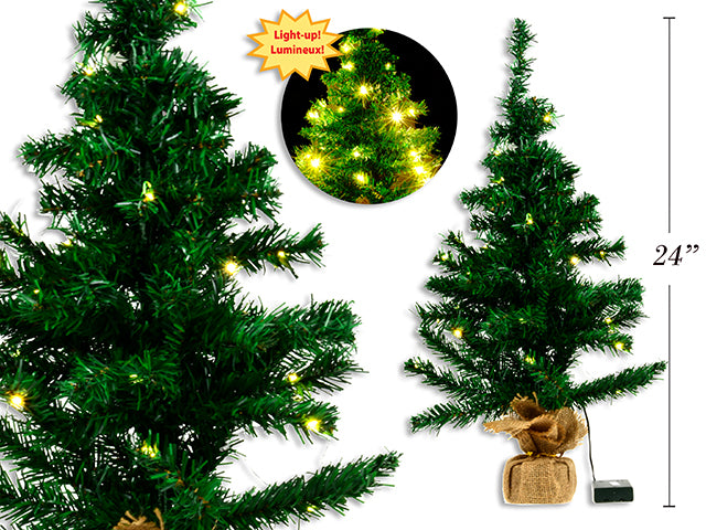 Carton of 12 2ft Pre-Lift B/O 25-LED Xmas Green Tree w/Burlap Base. Warm Light. 65 Tips x 1.5cm Tip Width. CBX.