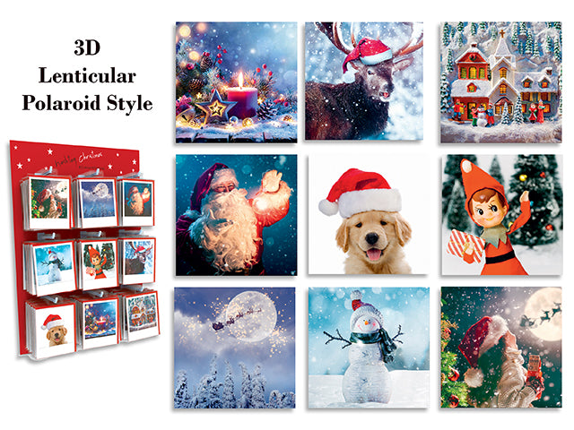 Carton of 108 3.94in x 4.72in 3D Lenticular Polaroid Style Xmas Card. 9 Asst.108pcs/Dsp.