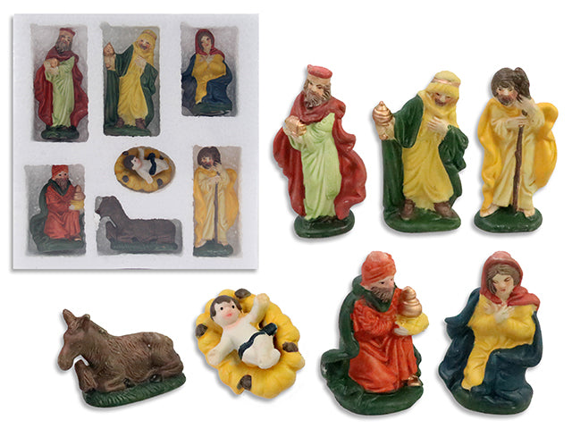 Carton of 12 Set/7 3.5in(H) Porcelain Character Nativity Scene. Polyform w/Shrink Wrap + Col. Label.